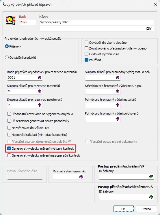 Nová možnost automatického generování výsledků měření v nastavení řad výrobních příkazů